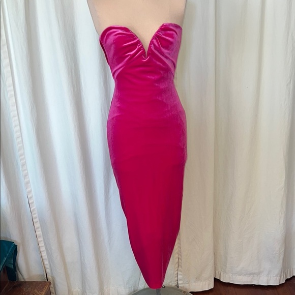Zara Pink velvet fuchsia midi Strapless slit  Dress NWT - Picture 1 of 8